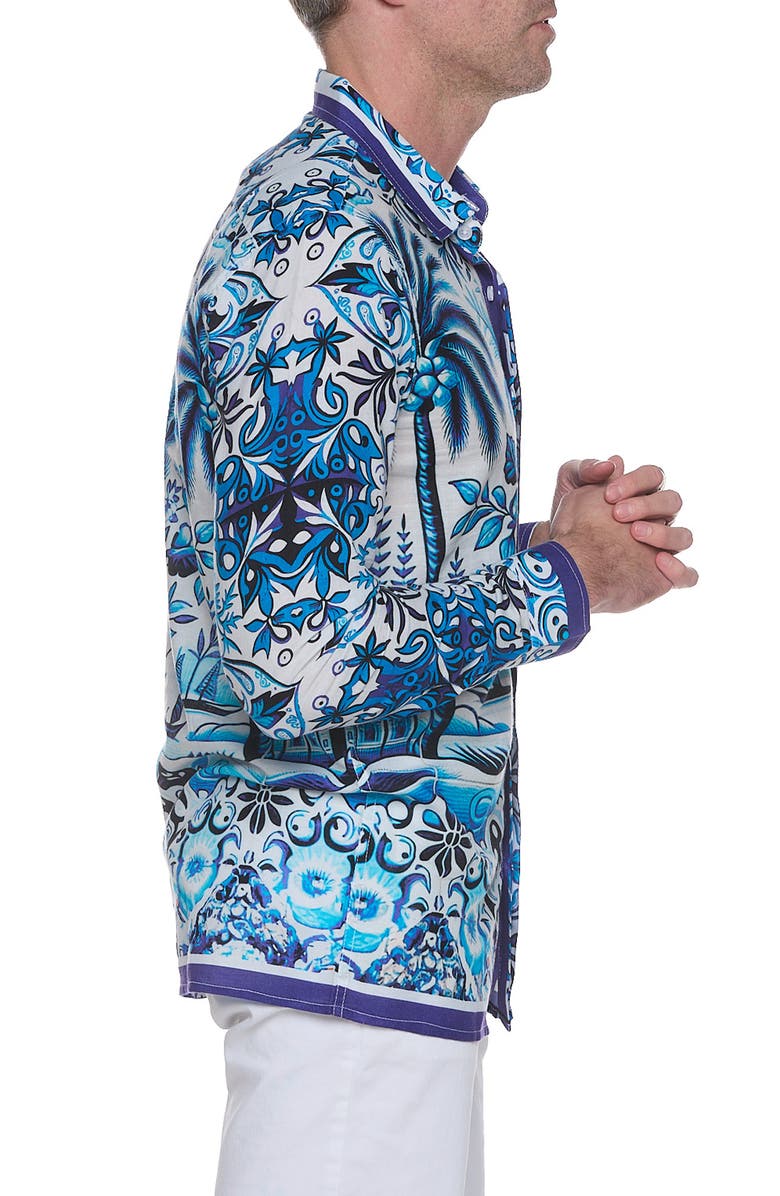 RANEES Extra Trim Fit Print Linen & Cotton Button-Up Resort Shirt, Alternate, color, Blue
