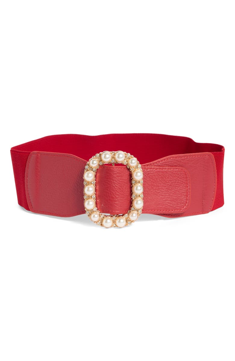 AREA STARS Carina Faux Pearl Buckle Stretch Belt, Main, color, Red