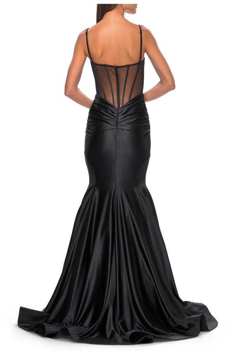 La Femme Satin Mermaid Prom Gown with Corset Top, Alternate, color, Black
