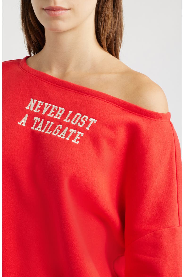Tailgate Off the Shoulder Embroidered Sweatshirt, Alternate, color, RED