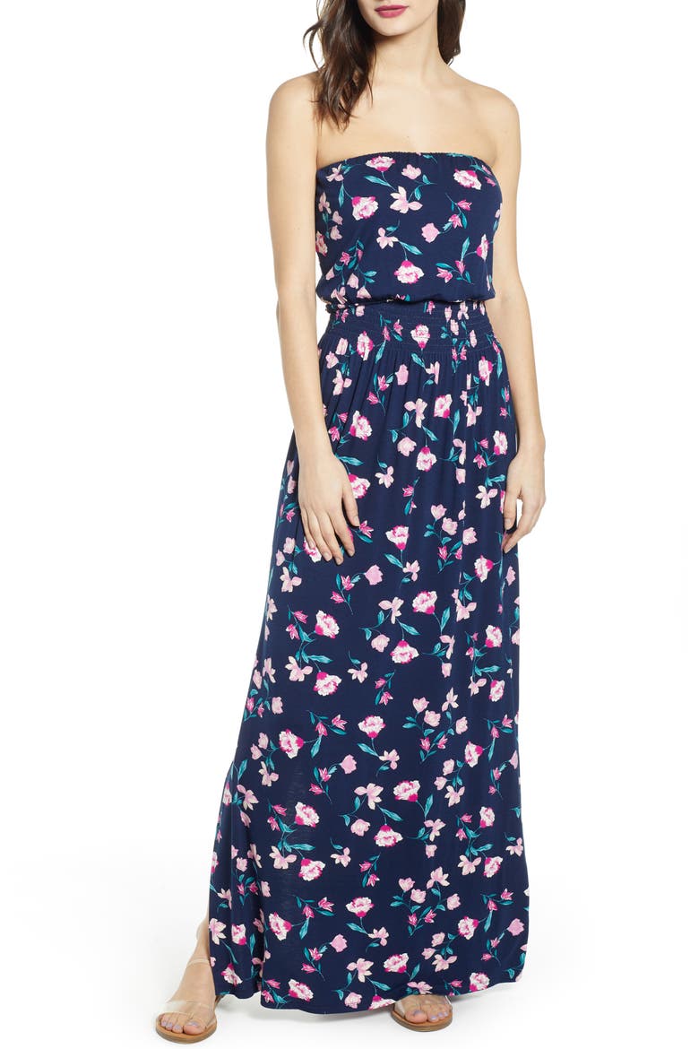 Strapless Maxi Dress, Main, color, NAVY SWEET PEA FLORAL