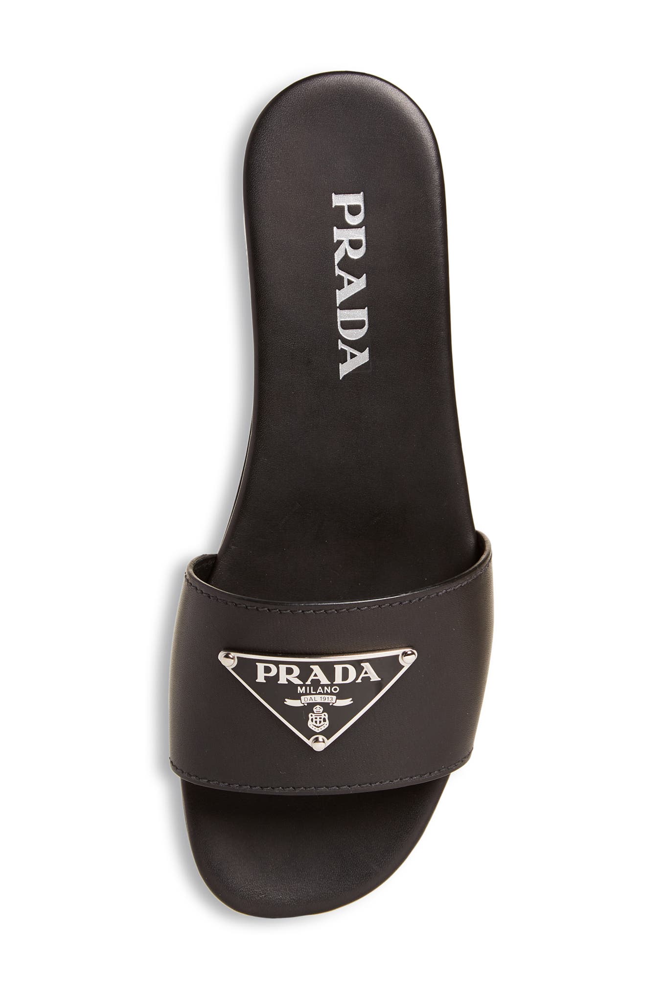 Prada Triangle Logo Slide Sandal, Alternate, color, 