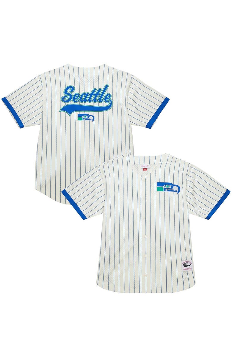 Mitchell & Ness Men's Mitchell & Ness Cream Seattle Seahawks Vintage Logo Final Seconds Full-Button Mesh Top, Alternate, color, Cream