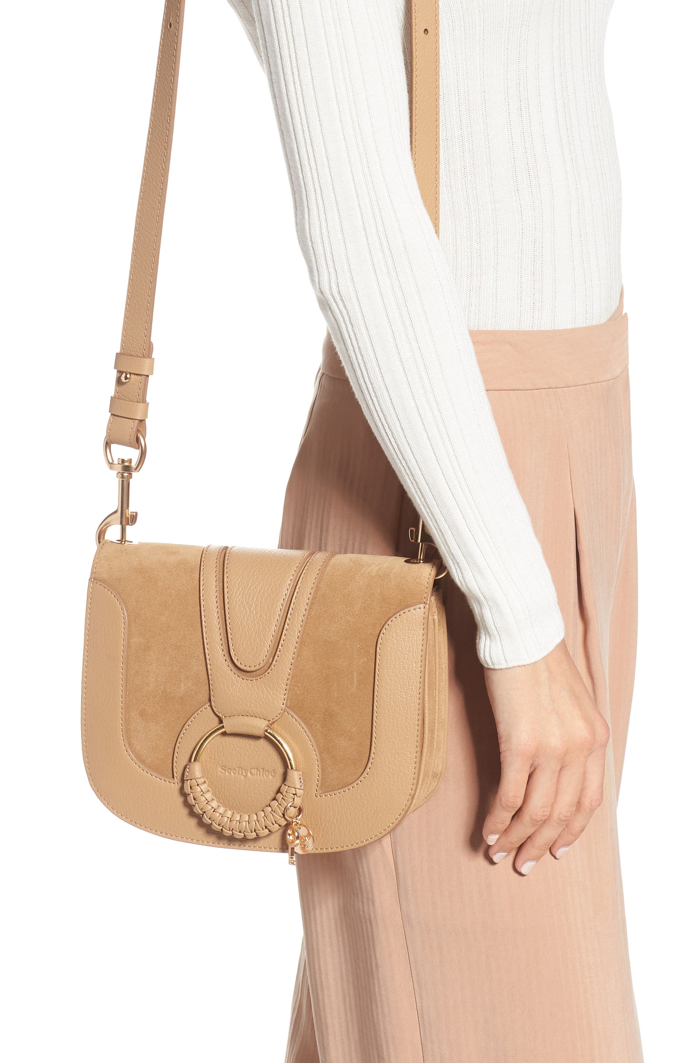 Hana Suede & Leather Shoulder Bag, Alternate, color, COCONUT BROWN