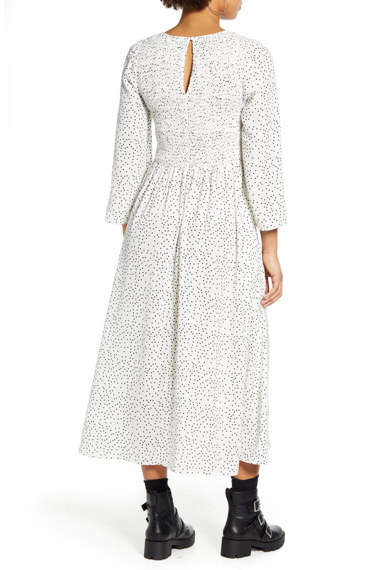Polka Dot Smocked Bodice Midi Dress, Alternate, color, WHITE BLACK DOT