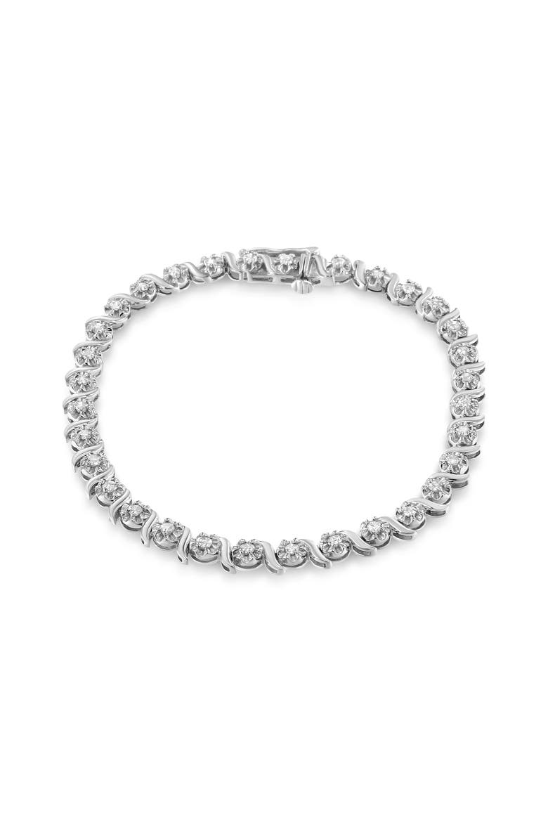 Silver 1.0 Cttw Diamond Spiral Wave Curved-Link Tennis Bracelet, Main, color, White