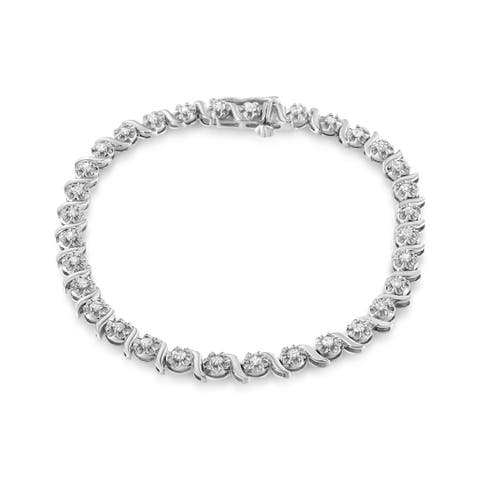 Silver 1.0 Cttw Diamond Spiral Wave Curved-Link Tennis Bracelet