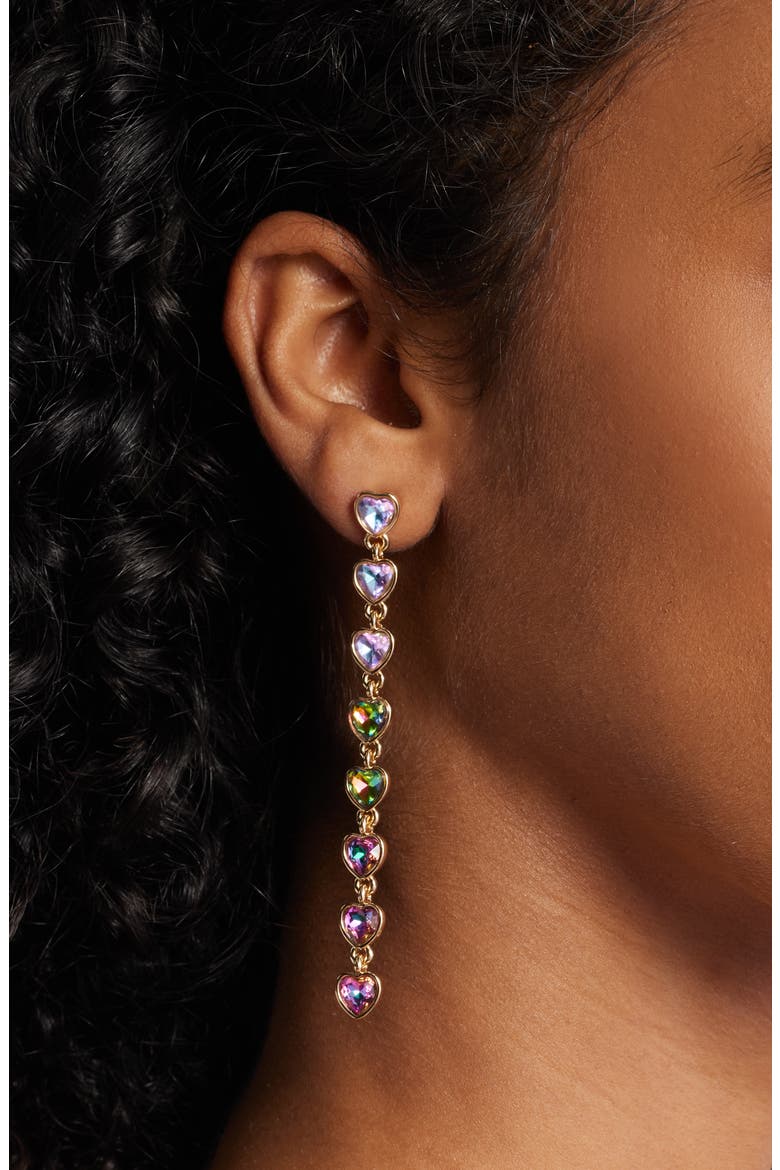 Crystal Heart Linear Drop Earrings, Alternate, color, RAINBOW- GOLD