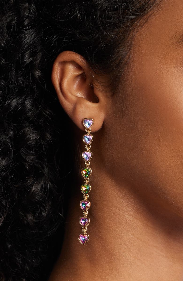 Open Edit Crystal Heart Linear Drop Earrings, Alternate, color, Rainbow- Gold