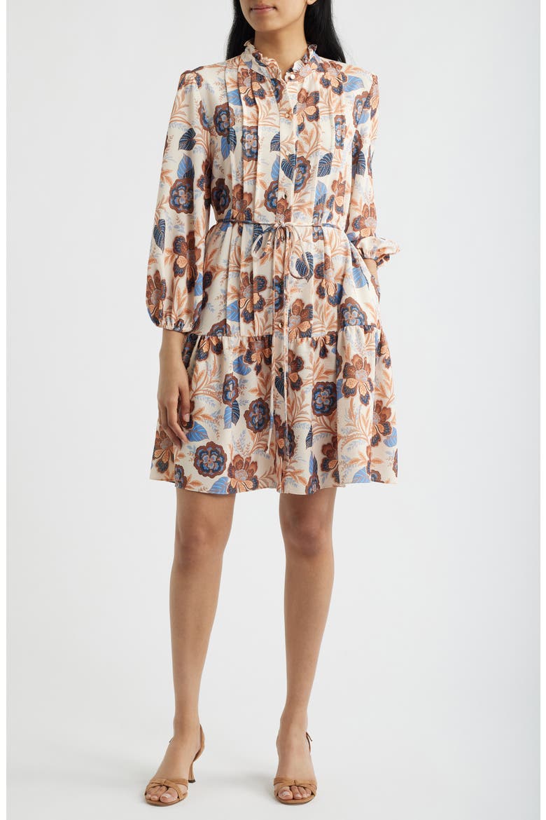 Floral Ruffle Neck Shirtdress, Main, color, SAND MULTI
