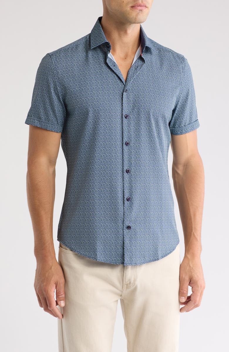 SOUL OF LONDON Microfiber Short Sleeve Button-Up Shirt, Main, color, Blue