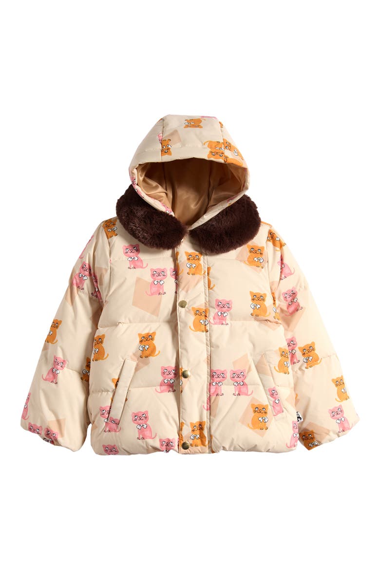 Kids' Kitten Print Faux Fur Collar Puffer Jacket, Main, color, NO COLOR