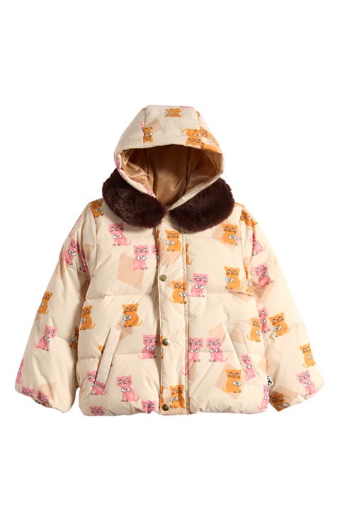 Kids' Kitten Print Faux Fur Collar Puffer Jacket
