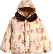 Mini Rodini Kids' Kitten Print Faux Fur Collar Puffer Jacket