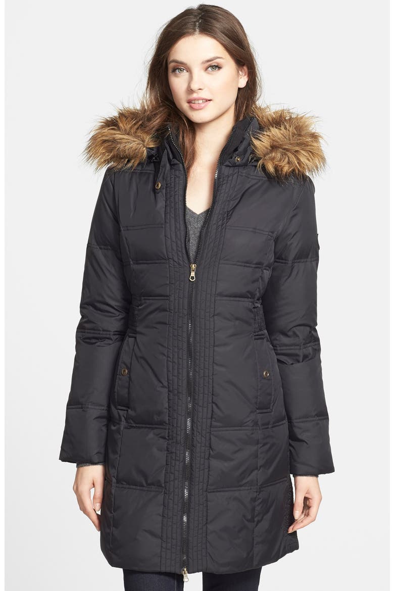 Faux Fur Trim Quilted Coat with Removable Hood, Main, color, BLACK