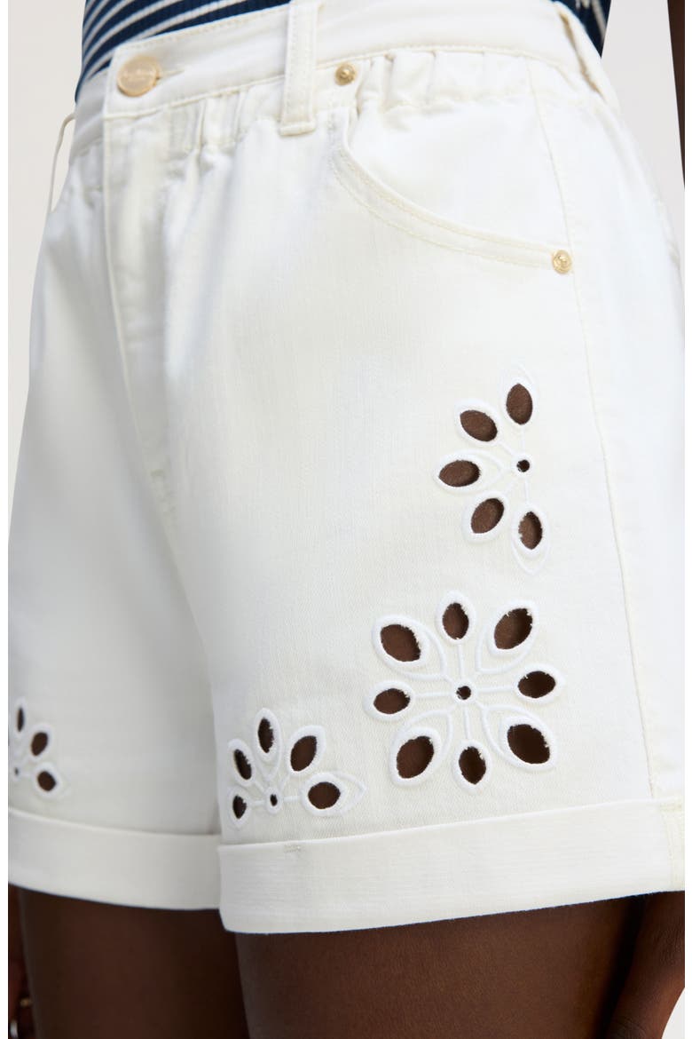 Embroidered Eyelet Paperbag Waist Denim Shorts, Alternate, color, ECRU