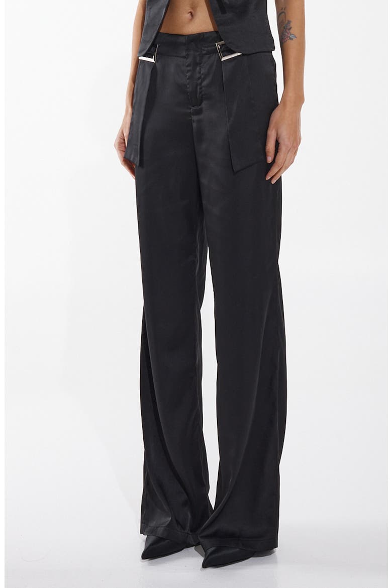 Rosie Buckled Waist Satin Straight Leg Pants, Alternate, color, BLACK
