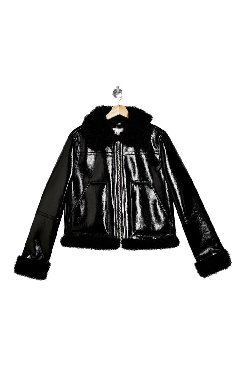 Faux Leather Biker Jacket with Faux Fur Trim, Alternate, color, BLACK