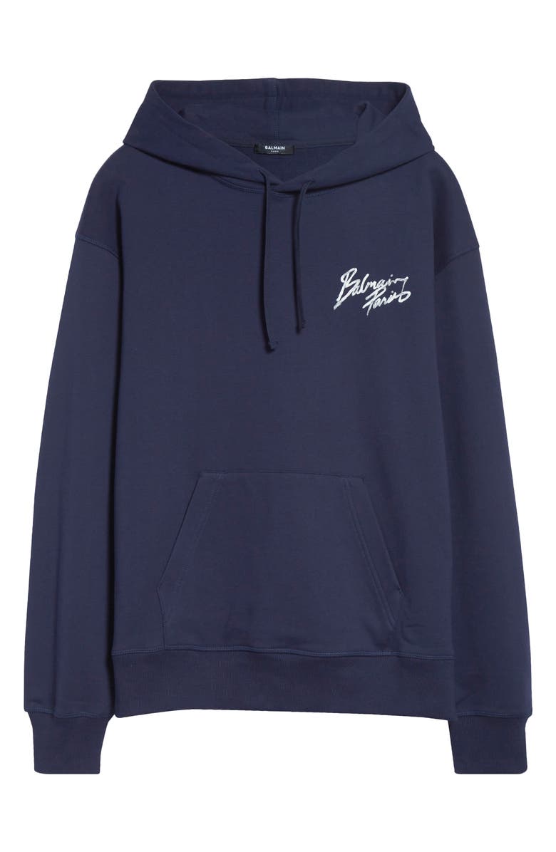 Balmain Paris Brush Logo Fleece Hoodie, Main, color, Siv Navy/ White