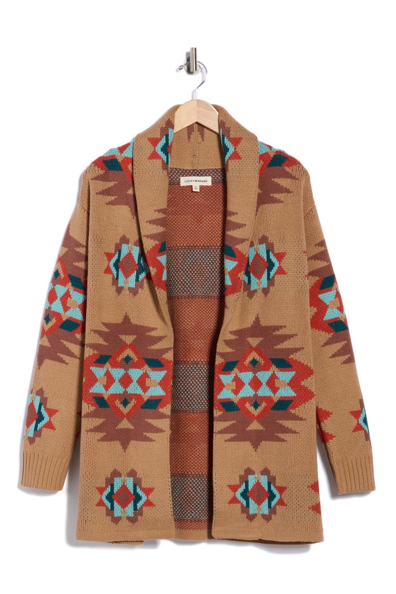 Novelty Pattern Shawl Collar Open Front Cardigan, Alternate, color, TANNIN