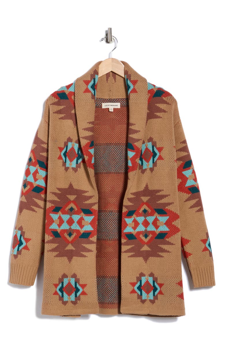 Lucky Brand Novelty Pattern Shawl Collar Open Front Cardigan, Alternate, color,