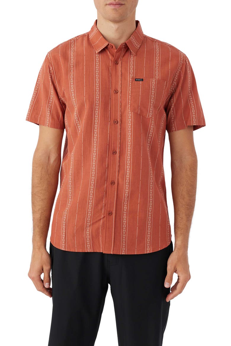 Oasis Frond Print Short Sleeve Button-Up Shirt, Main, color, CLAY