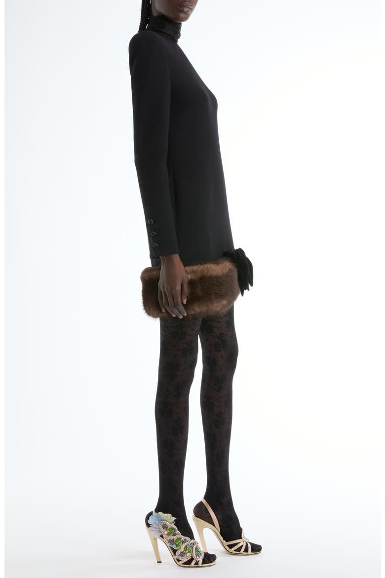 Long Sleeve Wool Crepe Minidress with Genuine Shearling Trim, Alternate, color, BLACK