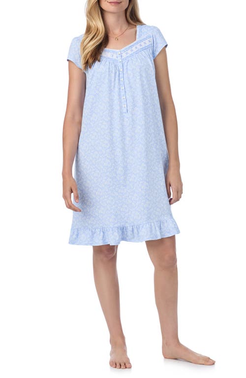 Eileen West Cap Sleeve Cotton Short Nightgown In Aqua Print