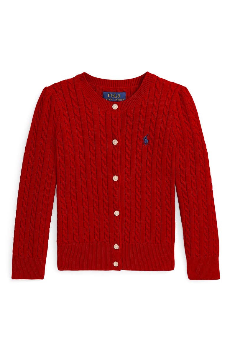 Polo Ralph Lauren Kids' Mini Cable Knit Cardigan, Main, color, Rl 2000 Red W/ Navy Pp