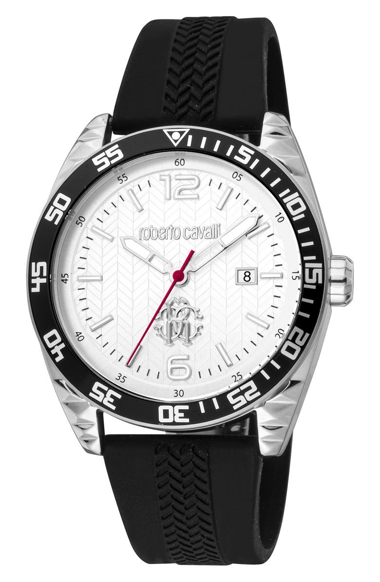 Roberto Cavalli Three-Hand Quartz Silicone Strap Watch, 42mm, Main, color, 