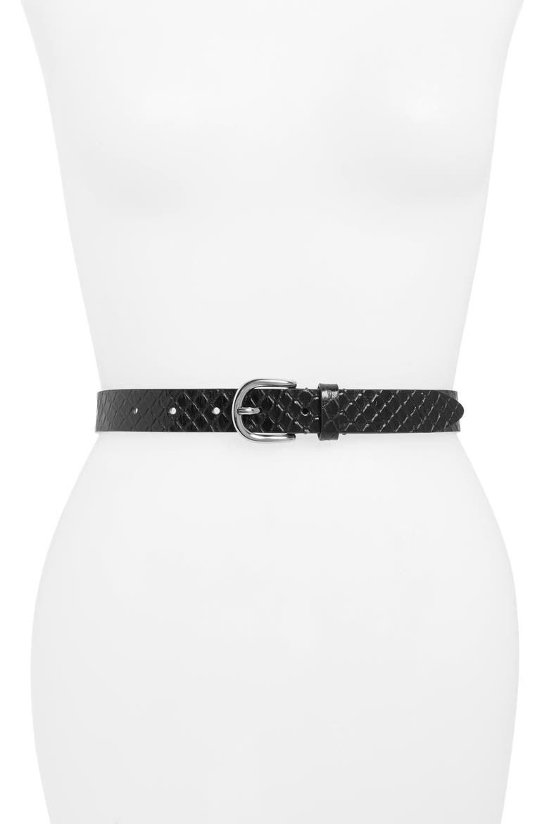 Zap Snake Embossed Leather Belt, Main, color, BLACK