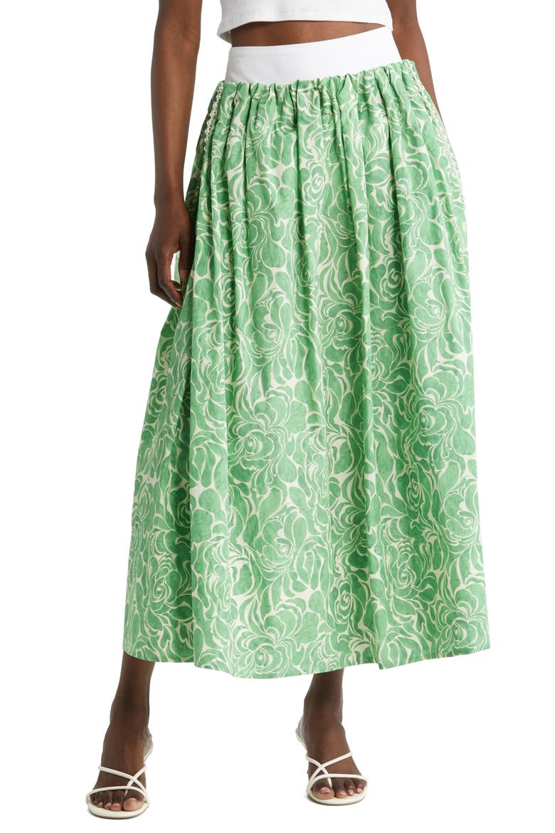 Almost Kelly Floral Print Cotton Maxi Skirt, Main, color, EMERALD BUDS
