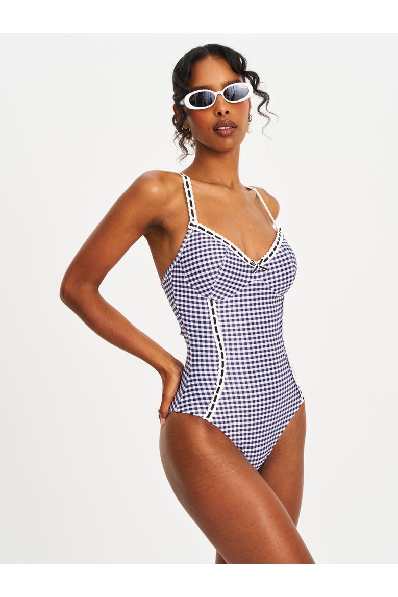 Gigi Gingham Lace Strap Backless Swimsuit, Alternate, color, Black