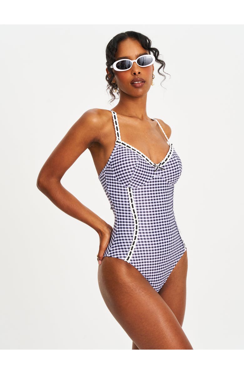 Miss Circle Gigi Gingham Lace Strap Backless Swimsuit, Alternate, color, Black