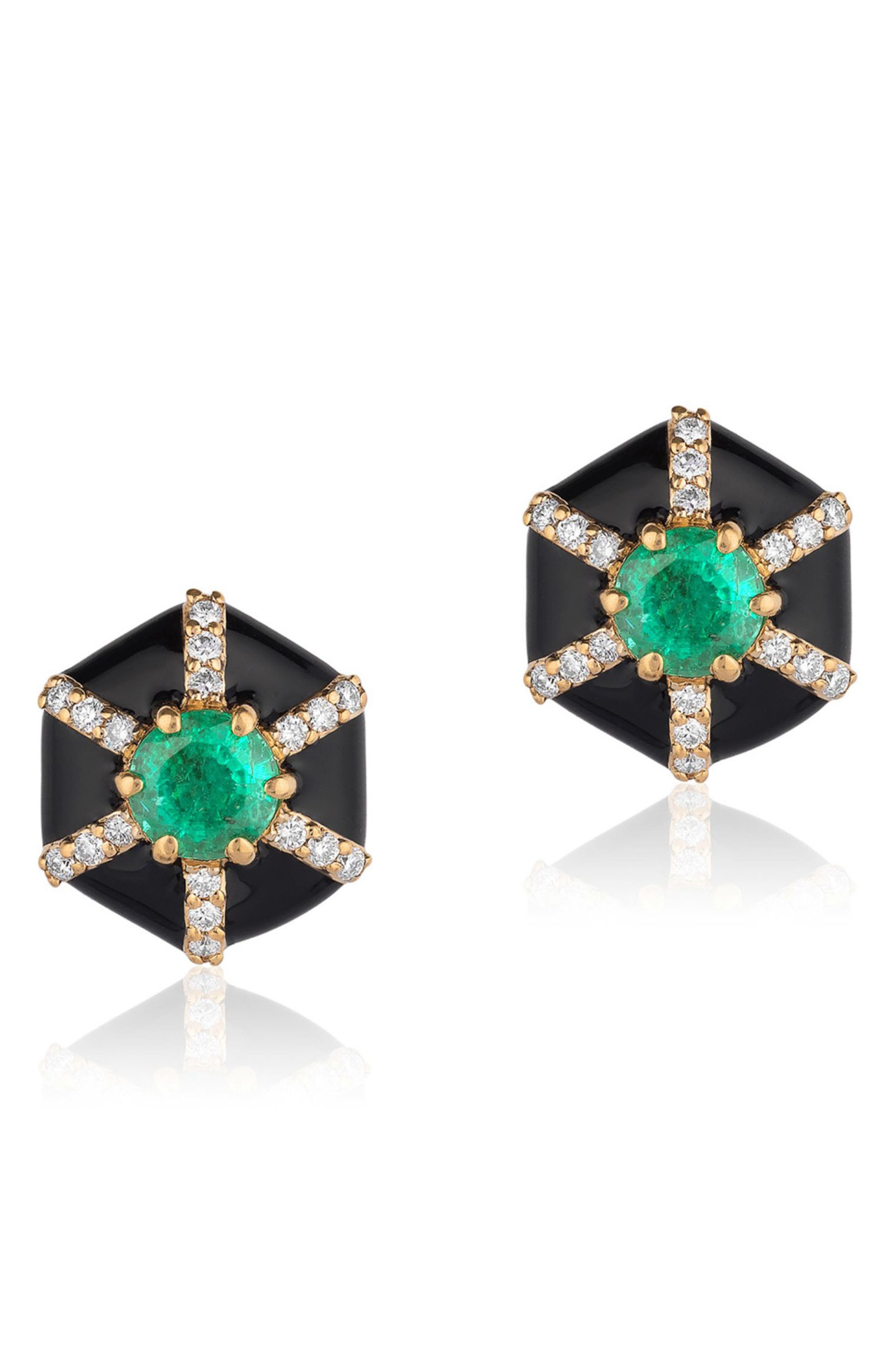 GOSHWARA Queen Hexagon Emerald & Diamond Stud Earrings in Green /Black at Nordstrom