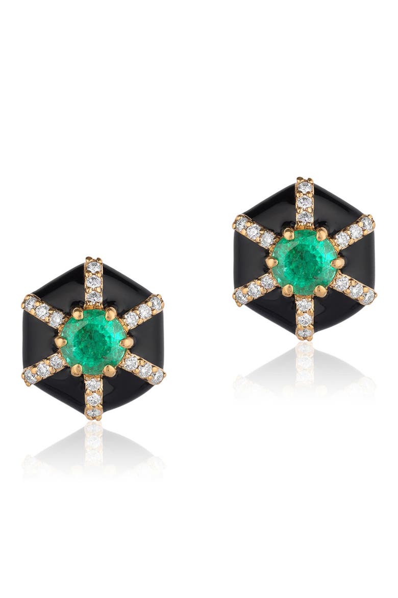 Queen Hexagon Emerald & Diamond Stud Earrings, Main, color, GREEN / BLACK