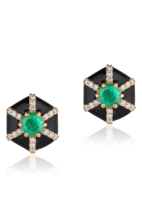 Queen Hexagon Emerald & Diamond Stud Earrings