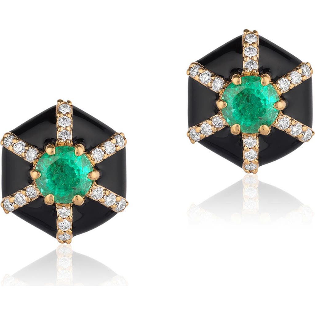 GOSHWARA Queen Hexagon Emerald & Diamond Stud Earrings in Green /Black at Nordstrom