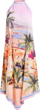 L'AGENCE Elise Postcard Print Cover-Up Halter Dress