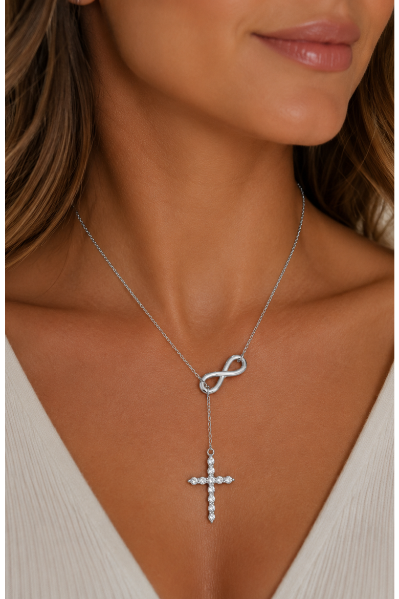 Infinite Cross Lariat Necklace, Alternate, color, Silver