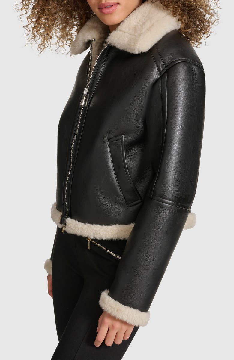 KARL LAGERFELD PARIS Faux Leather & Faux Shearling Bomber Jacket, Alternate, color, Black