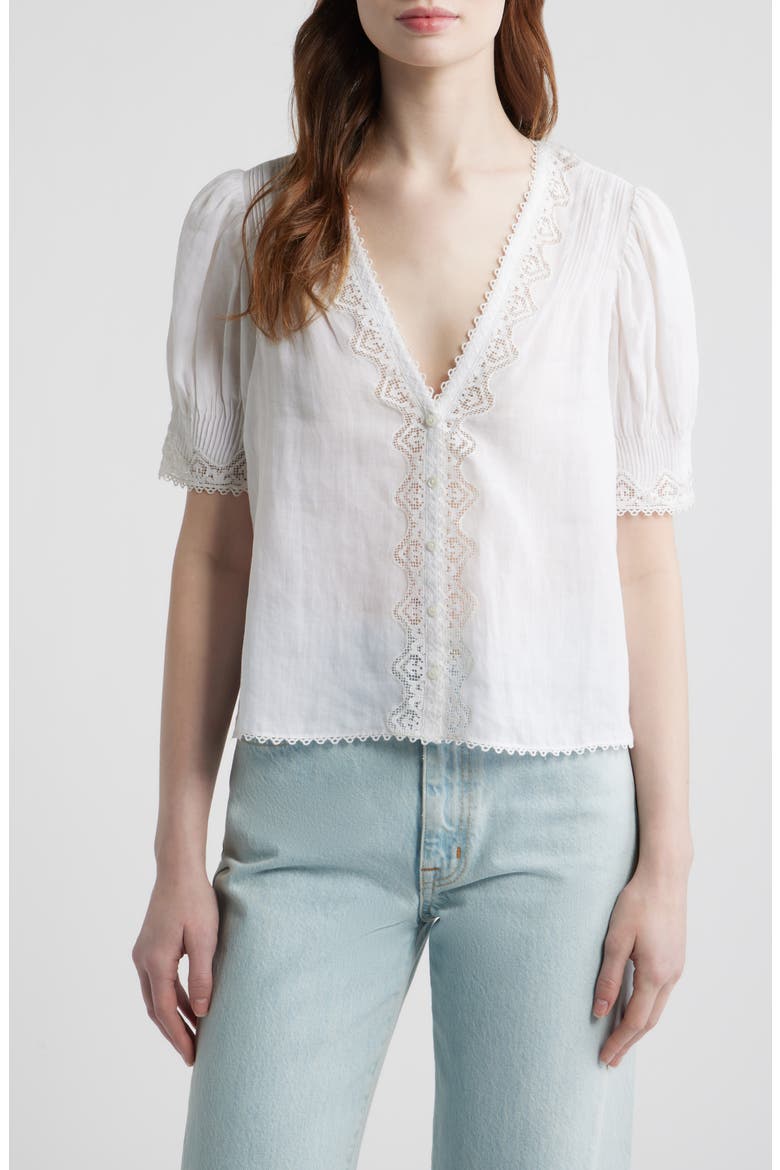 Brigitta Lace Trim V-Neck Ramie Top, Main, color, SALT