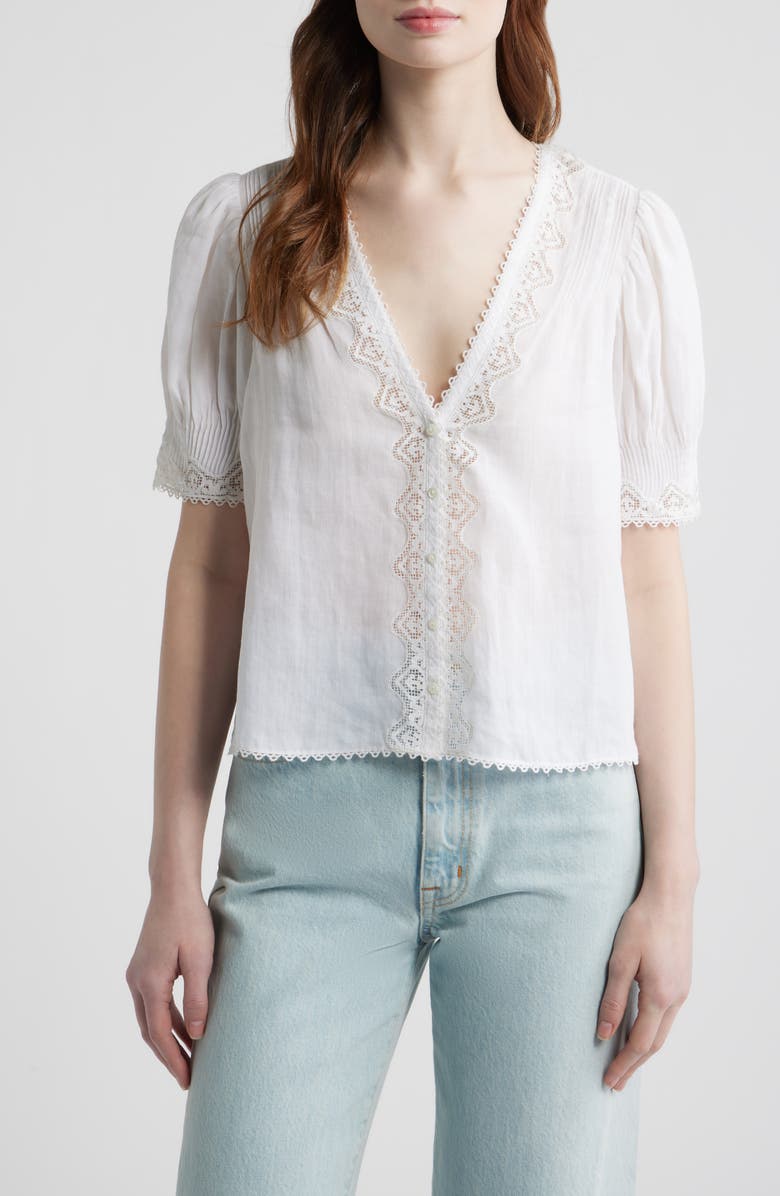 DÔEN Brigitta Lace Trim V-Neck Ramie Top, Main, color, Salt