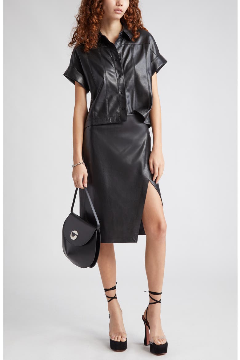 Edyth Faux Leather Snap-Up Shirt, Main, color, BLACK