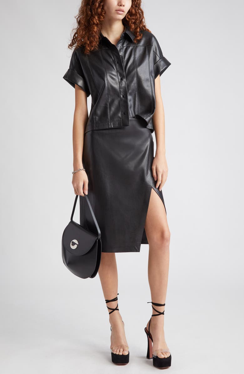 Alice + Olivia Edyth Faux Leather Snap-Up Shirt, Main, color, 