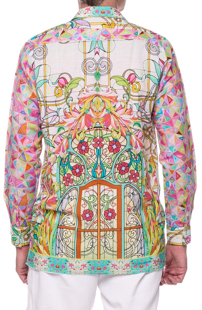 RANEES Stained Glass Print Linen & Cotton Blend Button-Up Shirt, Alternate, color,