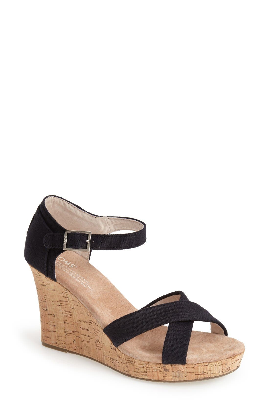 TOMS Canvas Ankle Strap Wedge Sandal, Main, color, 