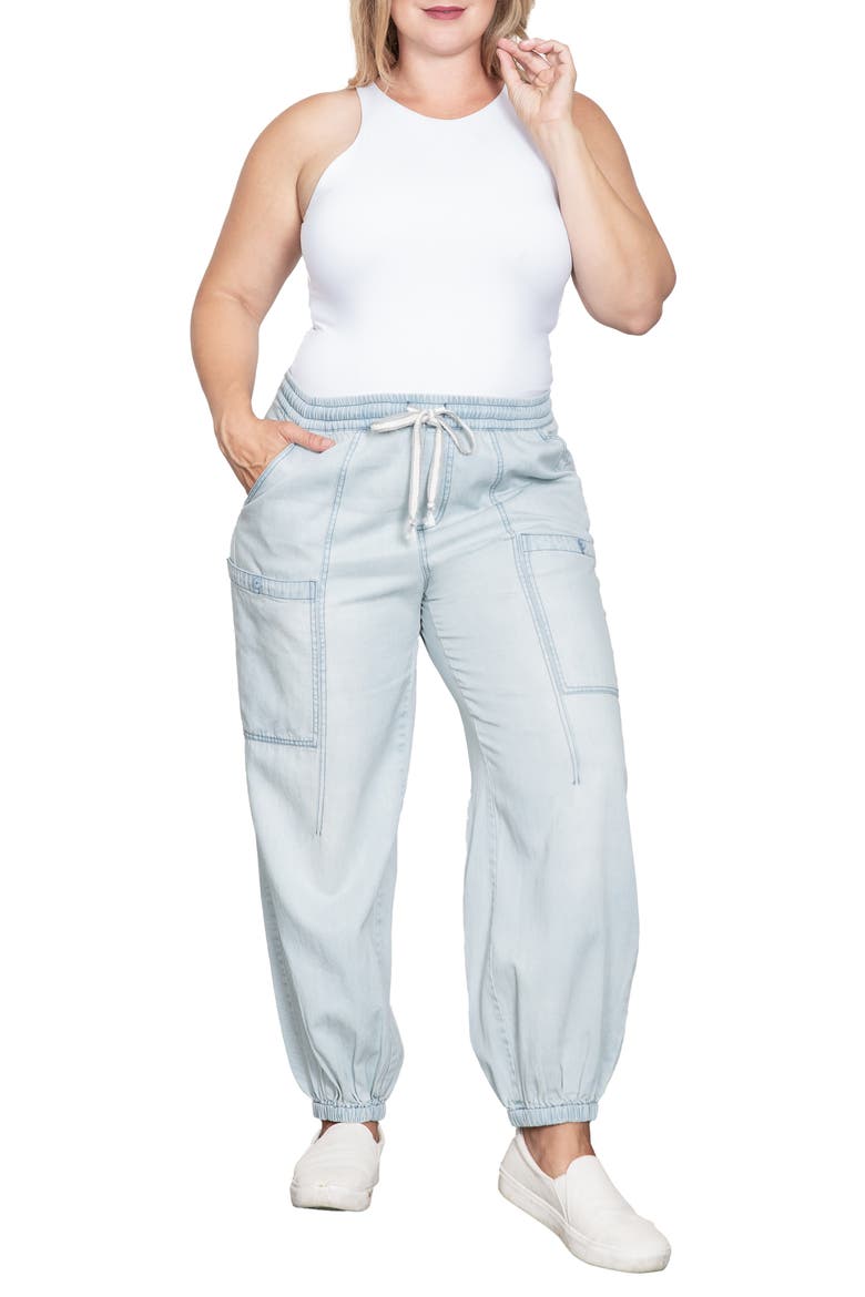 Low Slung Denim Cargo Joggers, Alternate, color, LIGHT HAND SAND