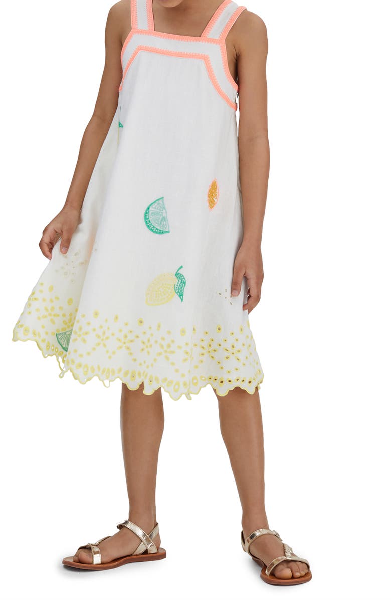 Reiss Kids' Arabella Eyelet Embroidered Cotton & Linen Dress, Alternate, color, Ivory Print