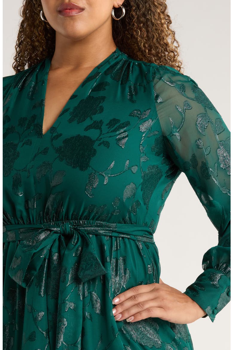 Floral Metallic Long Sleeve Asymmetric Tiered Dress, Alternate, color, MIDNIGHT PINE